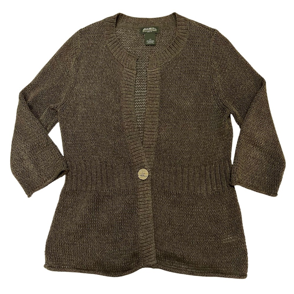 Eddie Bauer Women's Brown Knit Cardigan Sweater L Button Front Ramie Cotton